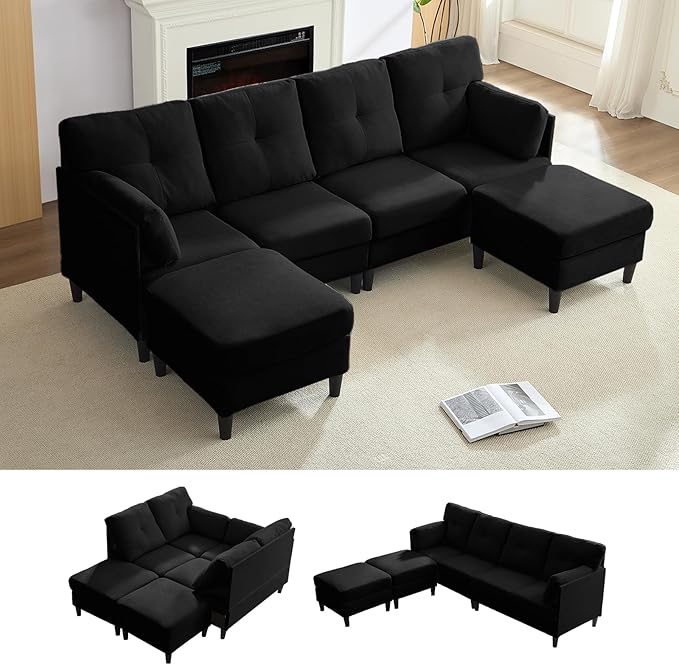 PUREMIND Sectional Couches for Living Room, Modern Snow Velvet U-Shaped Sofa Couch with Double Chaise, Upholstered 4 Seater Home Sofa for Living Room, Apartment, Office, Black