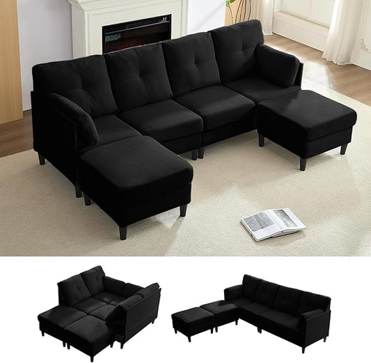 PUREMIND Sectional Couches for Living Room, Modern Snow Velvet U-Shaped Sofa Couch with Double Chaise, Upholstered 4 Seater Home Sofa for Living Room, Apartment, Office, Black