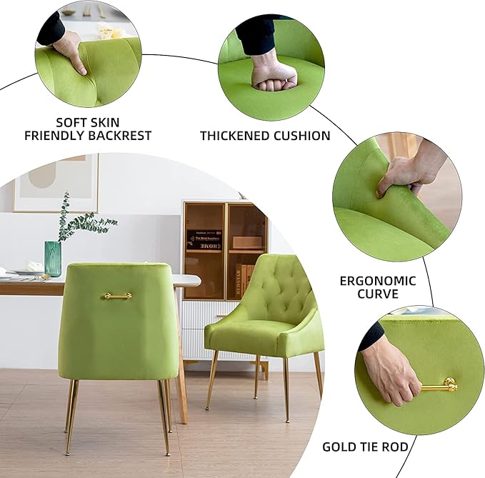 Modern Dining Chair Set of 6, Mid-Century Room Chair, Upholstered Comfortable Velvet with Back Pull Rod and Metal Legs for Kitchen, Living (Yellow-Green) (DYXSD)