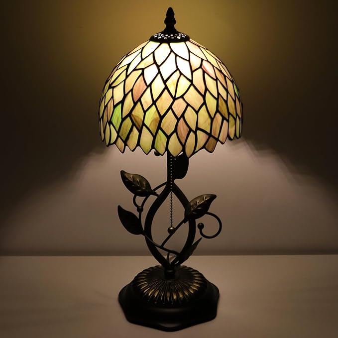 Small Tiffany Lamp Brown Green Leafage Style Stained Glass Table Lamps Desk Bedside Reading Light 8X8X18 Inches with Bronze Metal Leaf Resin Base