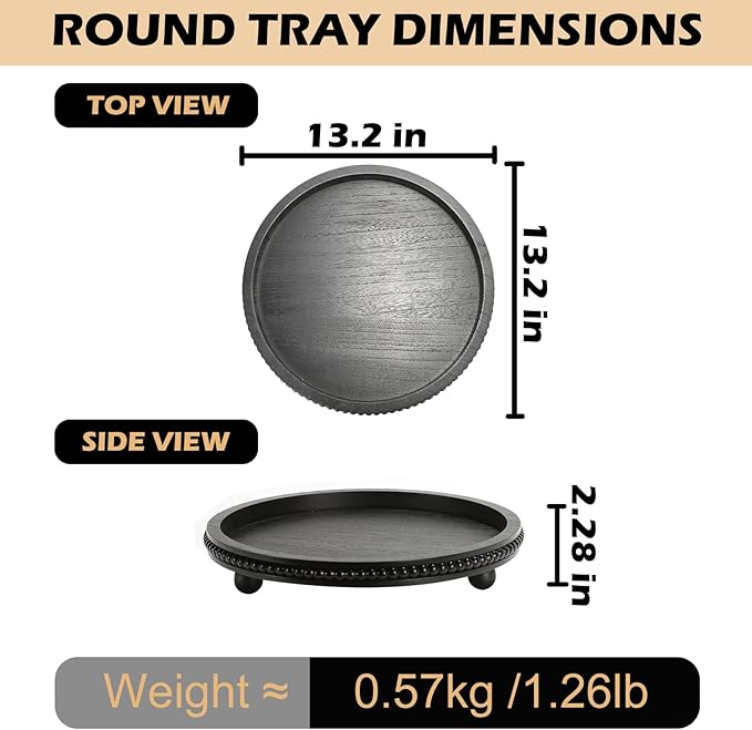 Wooden Beaded Decor Tray for Coffee Table, Rustic Wooden Trays Table Centerpieces, Decorative Trays for Home Decor Kitchen Table Farmhouse Serving Tray (Round Black)