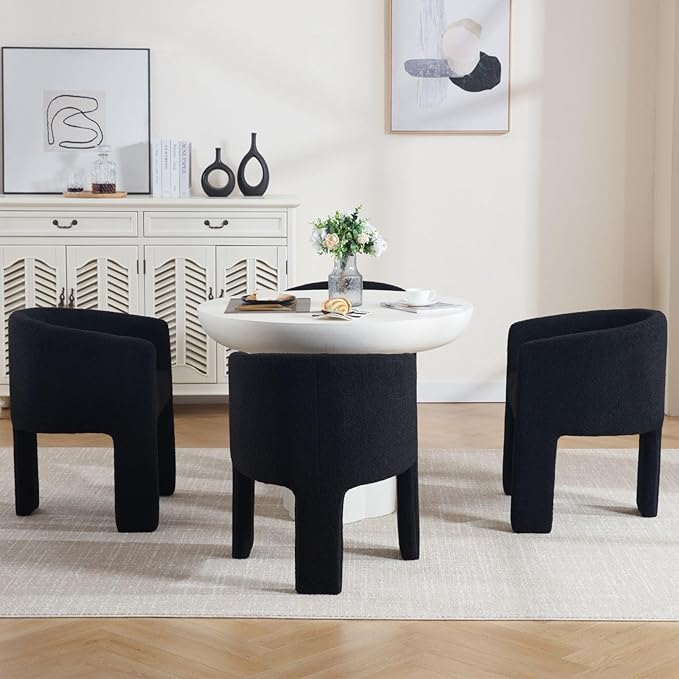 Modern Sherpa Barrel Dining Chairs Set of 3, Upholstered Boucle Kitchen Accent Dining Chairs with Arms Comfy Makeup Vanity Chair, Black