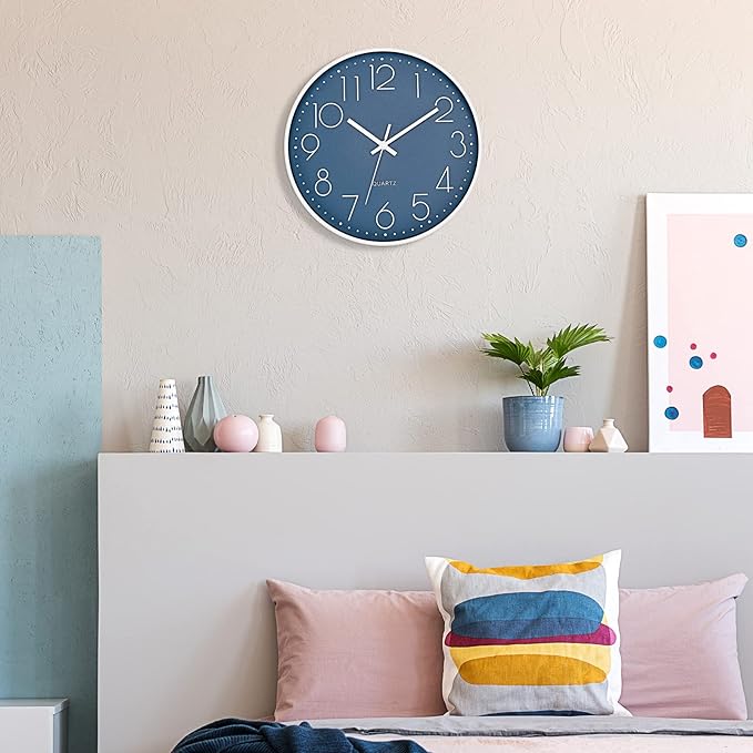 Foxtop Modern Wall Clock Silent Non Ticking Battery Operated Quartz Round Wall Clock Decor for Bedroom Kitchen Home Office School (12 Inch, Cerulean)