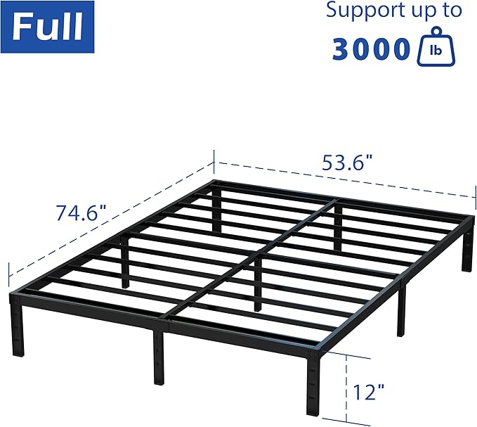 12 Inch Full Size Bed Frame No Box Spring Needed, Heavy Duty Metal Platform Bed Frame Full Support Up to 3000 lbs, Easy Assembly, Noise Free, Black