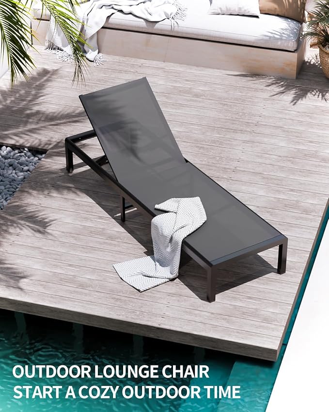 Aluminum Lounge Chairs Outdoor Chaise Furniture,2 Sets Patio Metal Deck Lounger Adjustable 5-Position Poolside Chase Recliner with Wheels for Beach,Coffee Table, (Gray, 2 Chairs)