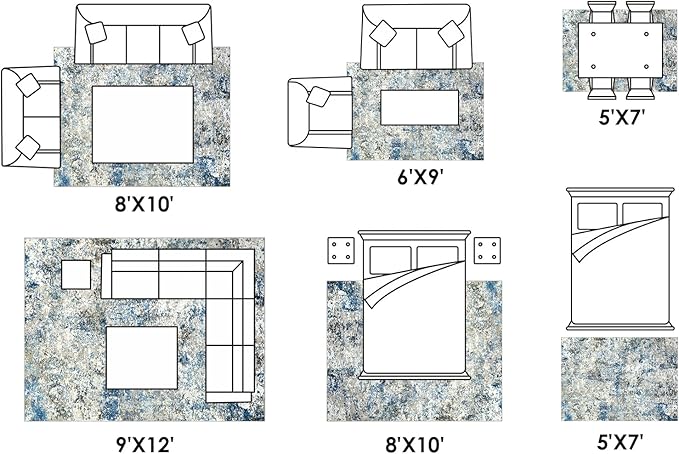 Washable Area Rug for Living Room: 5x7 Modern Abstract Neutral Soft Rug for Bedroom Dining Room No Slip Low Pile Carpet for Nursery Home Office - Grey/Blue