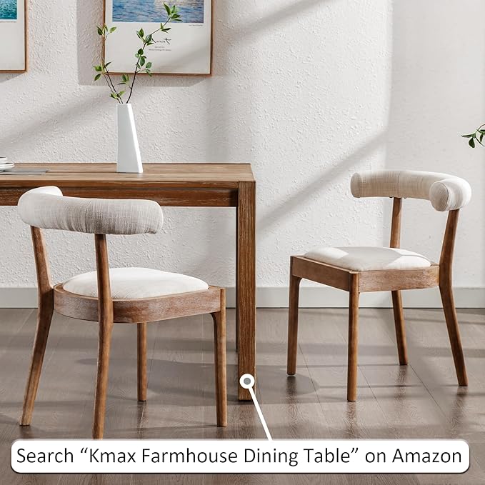 Kmax Dining Room Chairs Mid-Century Modern Fabric Kitchen Chairs with Natural Walnut Finished Frame, Linen Curved Back, 2-Pcs Set, Beige