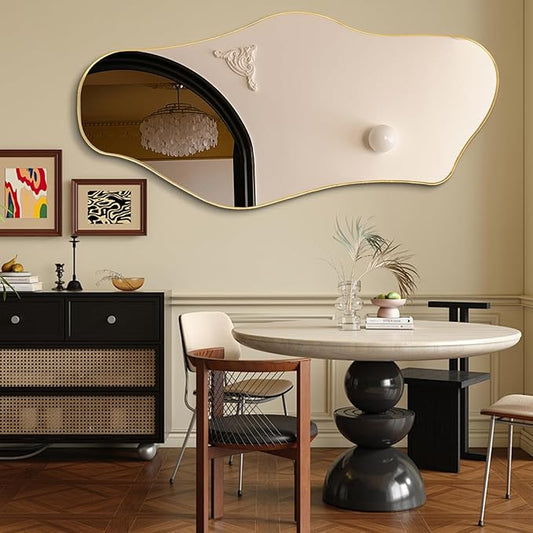 Large Irregular Mirror, Gold Asymmetrical Mirrors, 55"x25.6" Abstract Full Length Mirrors with Metal Frame, Cloud Shaped Mirror for Living Room Bathroom Bedroom Hallway Entryway Fireplace