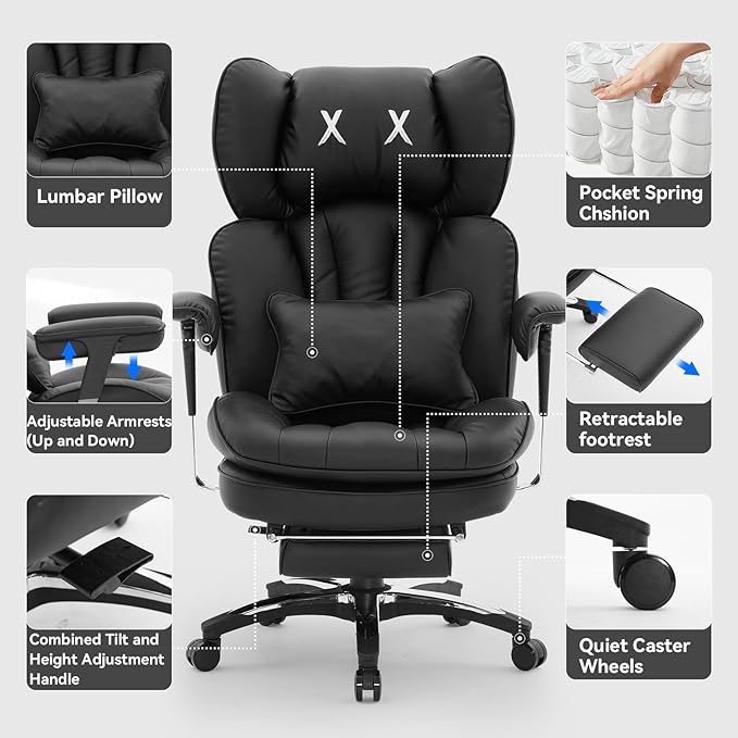 Efomao Big and Tall Office Chair 400lbs, Ergonomic High Back Executive Office Chair with Footrest, Wide Computer Desk Chair for Home Office, Comfortable PU Leather Heavy Duty Chair，Black