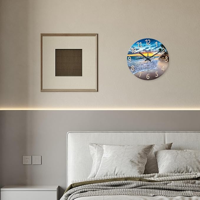Beach Clocks Wall Decor Glass Modern Coastal Wall Clock Silent Non Ticking Blue Ocean Wall Clock Battery Operated 14 Inch