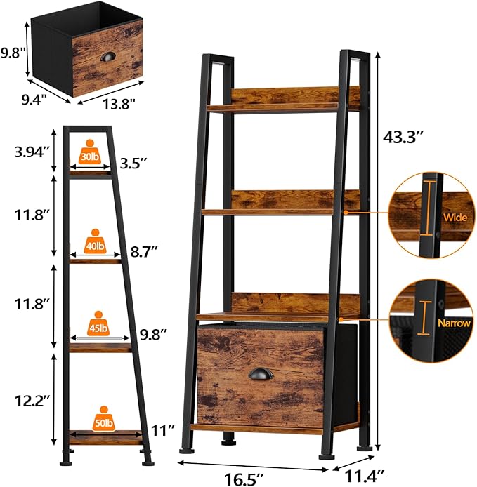 Furologee 4-Tier Ladder Shelf, Ladder Bookshelf with Removable Drawer, Rustic Bookcase Storage Rack Organizer, Wood Metal Freestanding Storage Shelves for Living Room, Home Office, Bedroom, Kitchen