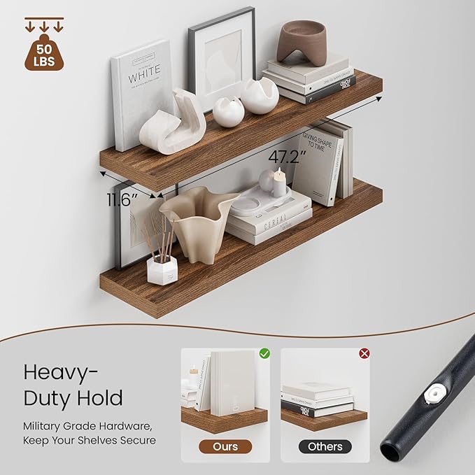 Heimlove 48W x 12D Long Floating Shelf, 12 Inch Deep Floating Shelves for Wall Set of 2, Wood Shelves for Bedroom Living Room Bathroom Kitchen Home Office, Walnut