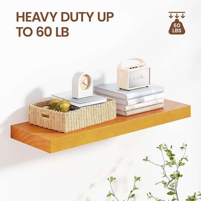 Pine Floating Wall Shelves 24 Inches Long x 8”x 1.4” Wooden Shelf Floating Rustic Farmhouse Decor, Heavy Duty Shelf Hold 60 lbs, Wall Shelves for Bathroom Living Room Kitchen Bedroom Office, Honey Oak