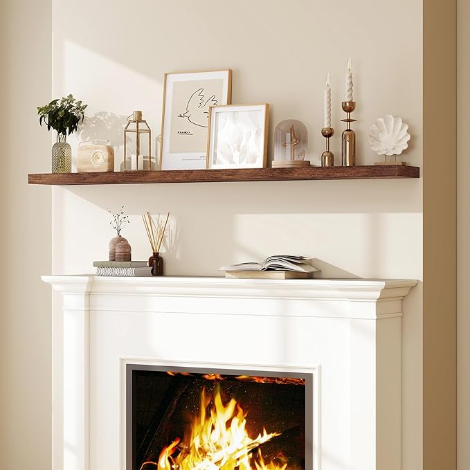 Fun Memories 72 Inch Floating Shelves for Wall, Fireplace Mantel Shelf with Invisible Heavy Duty Bracket, 8 Inch Deep Storage Shelf for Living Room, Kitchen, Farmhouse, Brown (2-Pack)