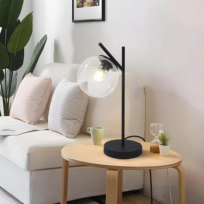 Mid Century Table Lamp Vintage Bedroom Desk Lamp Black Nightstand Lamp Contemporary Clear Glass Globe Bedside Lamp for Office Study Room