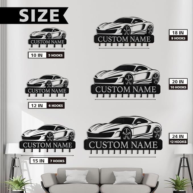 Personalized Key Holder Wall Mount - Custom Key Rack Wall Mount with Hooks, Metal Key Rack Organizer, Car Design Key Hanger, Coat Rack, Wall Mounted Decor for Entryway, Front Door, Office