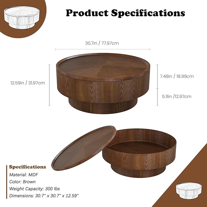 Round Coffee Table with Storage 30.7" Modern Luxury Wood Center Table Circle Drum Coffee Table Small Accent Side Table for Living Room Apartment, Small Space (Round Brown)