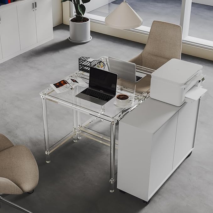 HMYHUM Acrylic Computer Desk, 32 Inch Clear Office Desk for Small Spaces, Study, Writing, Vanity Table with Cylindrical Legs, Modern, Easy Assembly