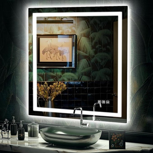 LED Mirror for Bathroom, 36x36 Inch Backlit + Front Lighted Bathroom Vanity Mirror with Lights for Wall, Double Light Strips, 3 Colors, Shatter-Proof, Anti-Fog and Brightness Memory