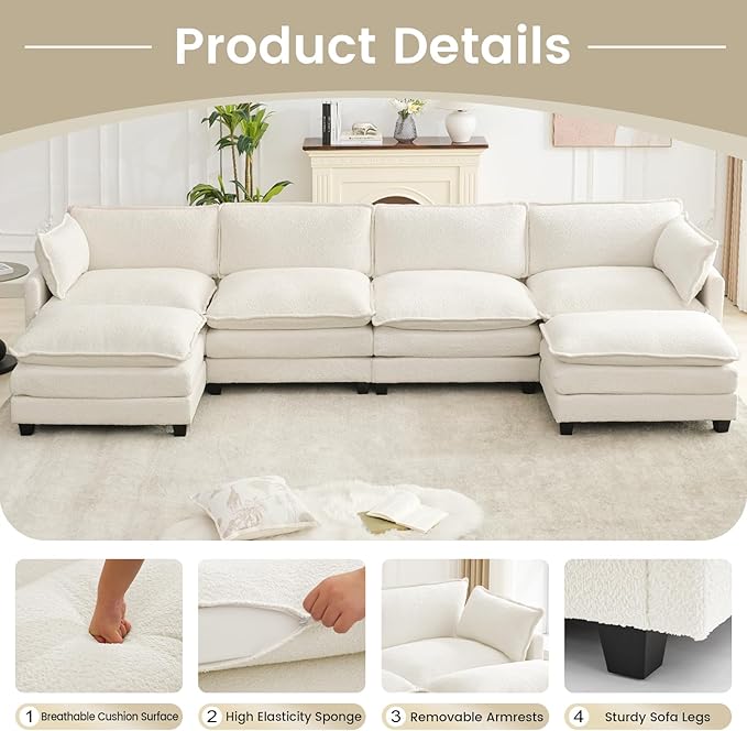 ROWHY Oversized Modular Sectional Couch with 2 Movable Ottoman, 148" Modern Convertible U Shaped Sofa Set, 4 Seat Comfy Cloud Couch with 2 Throw Pillows, for Living Room and Office, Chenille, Beige