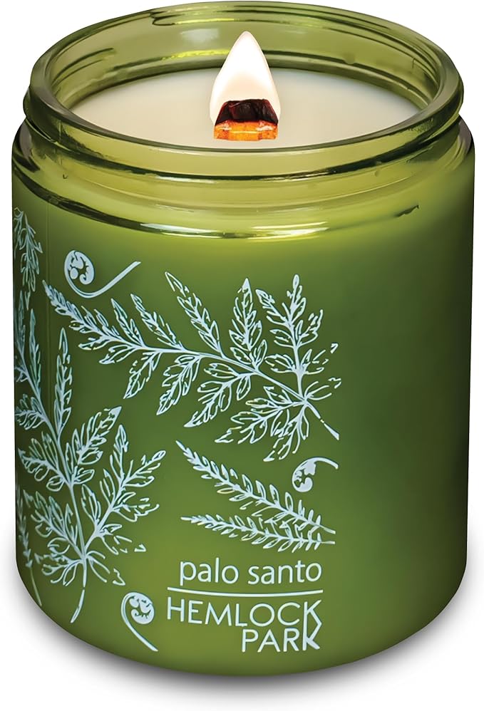 Hemlock Park Green Glass Wood Wick Candle Handcrafted with Natural Coconut Wax (Standard 8 oz, Palo Santo)