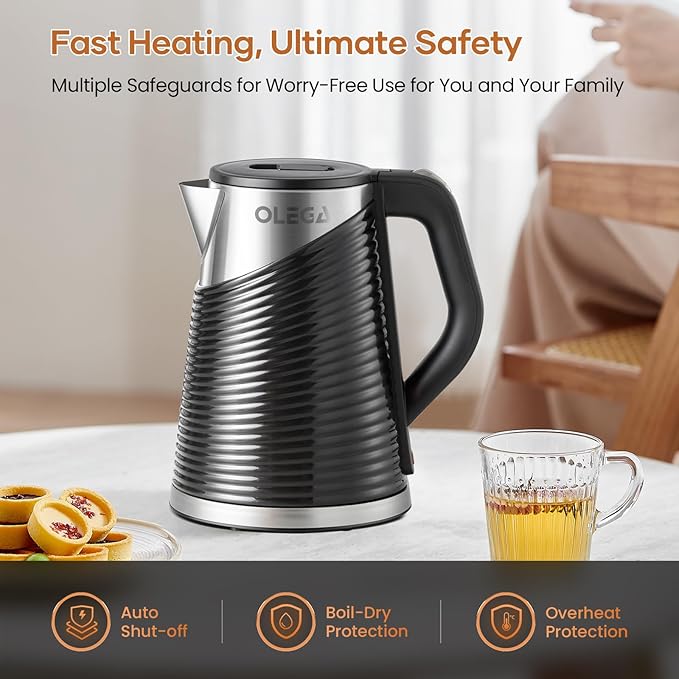 OLEGA Electric Kettle - 1500W Electric Tea Kettle 1.8L Stainless Steel Inner Electric Kettles for Boiling Water Auto Shut Off Boil-Dry Protection Electric Water Kettle for Coffee Tea (Black + Silver)