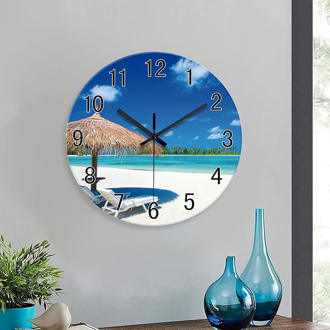 XFM Beach Wall Clock Battery Operated 16 Inch Blue Ocean Glass Wall Clocks Silent Non Ticking Tropical Summer Coastal Clock for Bedroom Living Room Office