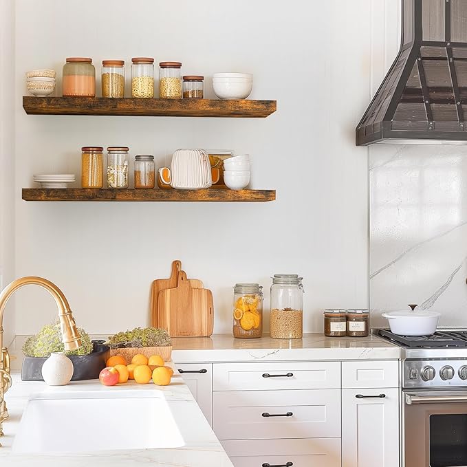 BAYKA Floating Shelves, 36 inches Long Wall Mounted Rustic Wood Shelves for Bathroom, Bedroom, Living Room, Kitchen, Office, Hanging Shelf for Books/Storage/Decor(Rustic Brown,Set of 2)