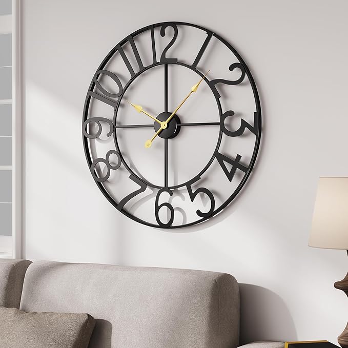 Large Wall Clock, 20 Inch Decorative Wall Clocks for Living Room, Modern Metal Battery-Operated Arabic Numerals Round Black Clock Silent Non Ticking for Kitchen Mantel Bedroom Office