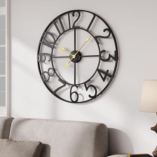 Large Wall Clock, 20 Inch Decorative Wall Clocks for Living Room, Modern Metal Battery-Operated Arabic Numerals Round Black Clock Silent Non Ticking for Kitchen Mantel Bedroom Office