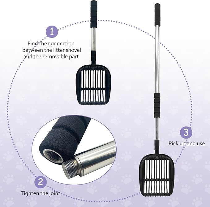 PINVNBY Cat Litter Scooper, Long Handle Litter Sifter Scoop with Litter Scoop Holder Stainless Steel Kitten Scooper Deep Kitty Litter Scooper with Box Metal Detachable Sifting Litter Shovel Set