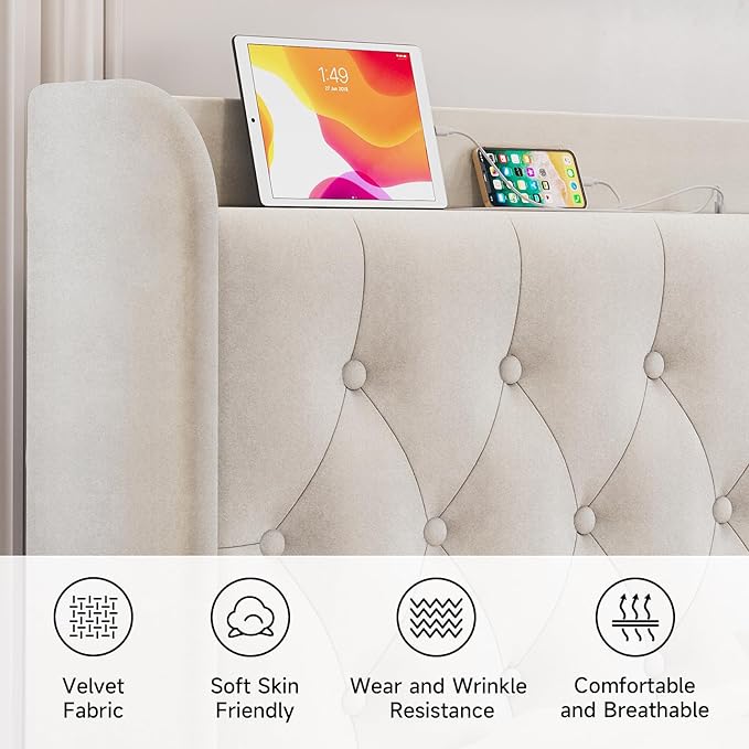 koorlian King Bed Frame, Velvet Adjustable Upholstered Platform Bed Frame with Type-C&USB Ports, Wingback Storage Headboard, Noiseless, Beige