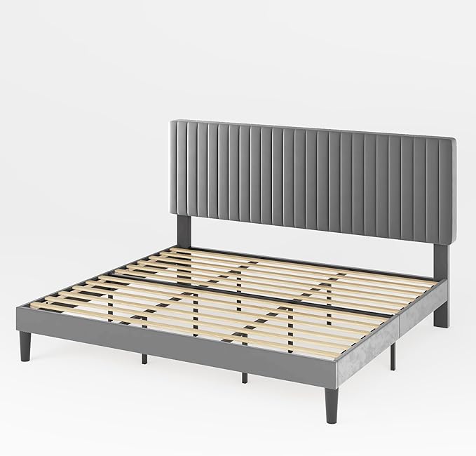 Allewie King Bed Frame, Velvet Upholstered Platform Bed with Adjustable Vertical Channel Tufted Headboard, Mattress Foundation with Strong Wooden Slats, Box Spring Optional, Easy Assembly, Grey