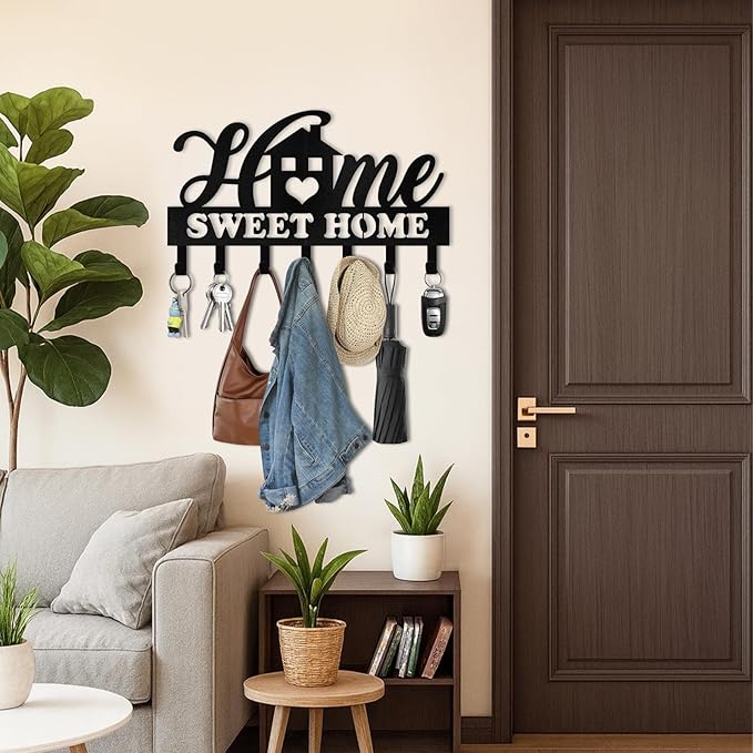 Personalized Key Holder Wall Mount, Custom Family Name Key Holder for Wall, Key Rack Coat Hooks, Home Sweet Home Wall Metal Decor for Living Room Entryway Bathroom Kitchen, Housewarming Gifts Color01