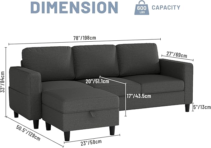 Sectional Sofas Couches for Living Room Convertible 3 Seater L Shaped Couch with Removable Storage Ottoman 78" Dark Grey Modern Linen Sofa for Apartments Studios Dorms Small Spaces
