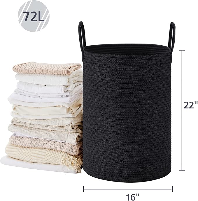 VIPOSCO Large Laundry Hamper, Tall Woven Rope Storage Basket for Blanket, Toys, Dirty Clothes in Living Room, Bathroom, Bedroom - 72L Black