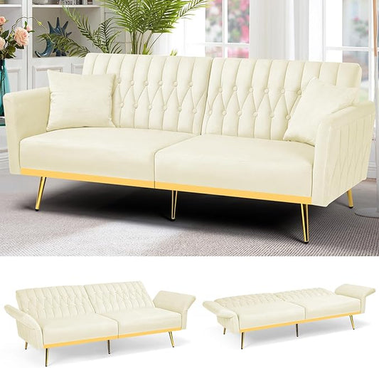 70” Velvet Futon Sofa Bed with 2 Pillows and Adjustable Armrests, Convertible Sleeper Bed W/Adjustable Backrests, Modern Loveseat for Living Room, Bedroom, Beige