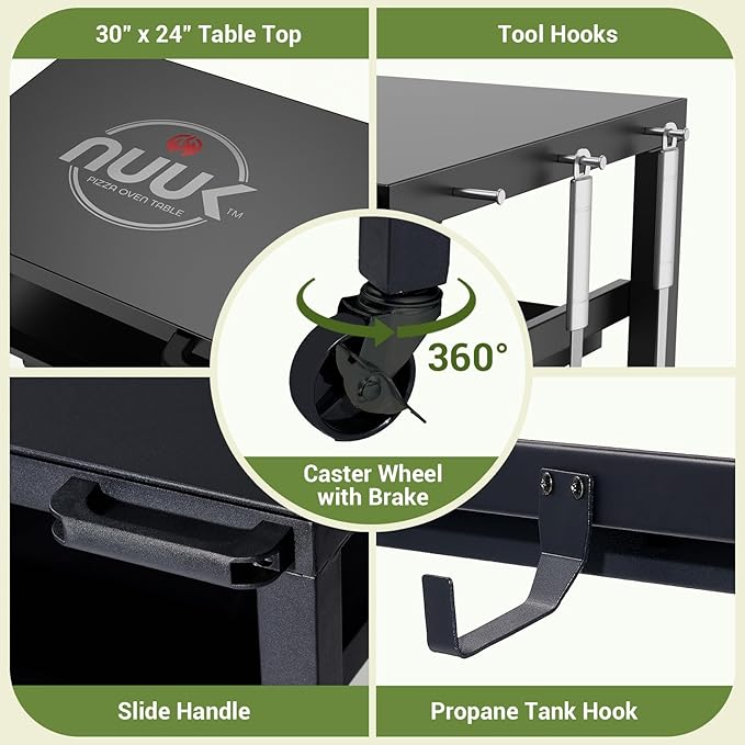 NUUK Outdoor Grill Prep Table 24"x30" Metal Grill Cart Outside 3-Layer Pizza Oven Table Movable with Universal Wheels for BBQ Backyard Patio