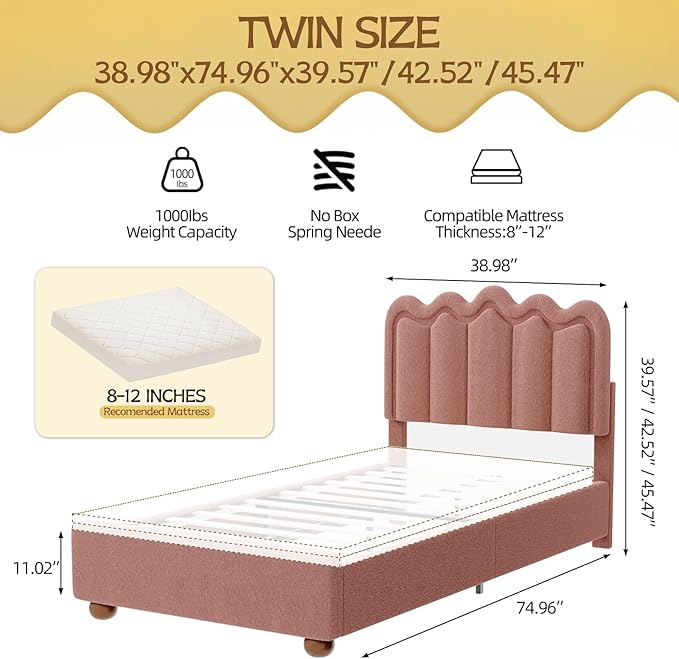 Twin Bed Frame with Headboard, Boucle Bed Frame, Soft Upholstered Platform Cloud Bedframe with Footboard, Solid Wood Legs, Solid Wooden Slats Support, No Box Spring Required, Easy Assembly