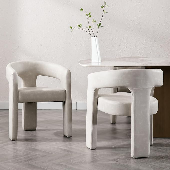 Set of 3 Modern PU Leather Upholstered Dining Chairs with Open-Back, Cute Barrel Side Chairs Kitchen Armchair Accent Chairs for Dining Room Bedroom, Grey