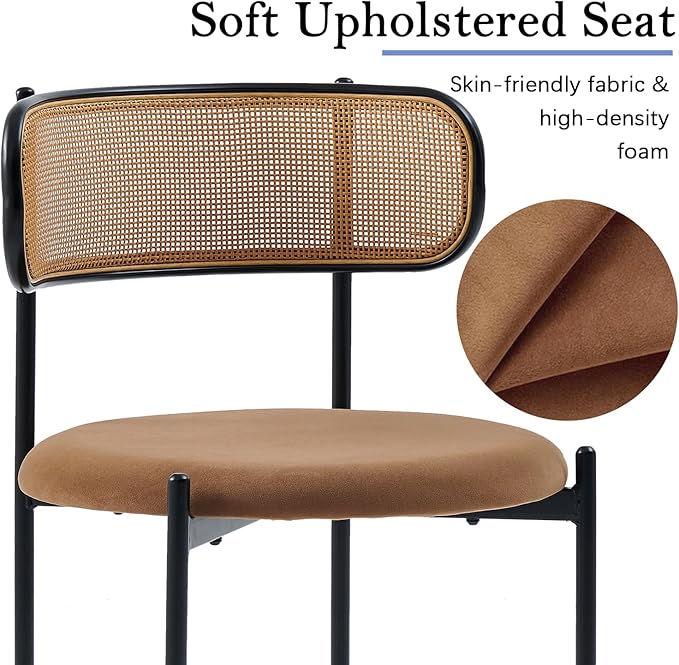 Rattan Dining Chairs Set of 8, Mid Century Modern Dining Chairs with Cane Back and Boucle Upholstered Seat, Farmhouse Kitchen Chairs for Dining Room and Living Room, Brown