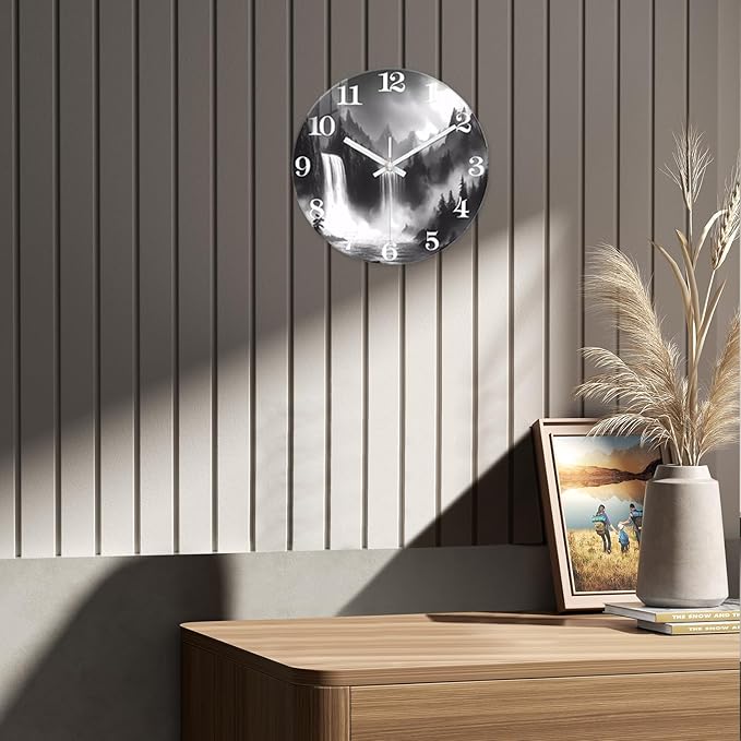 XNM Black and White Clock Battery Operated 16 Inch Landscape Big Wall Clocks for Living Room Decor Round Non Ticking Wall Clock Silent