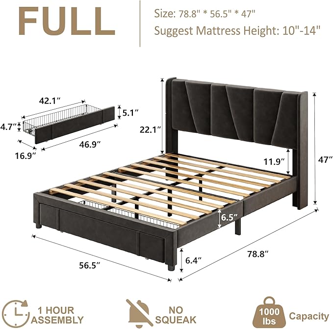 Full Bed Frame with Storage Drawers, Upholstered Full Size Platform Bed with 47" Tall Headboard and Wingboard, No Box Spring Needed, Noise Free, Easy Assembly, Wooden Support Slats, Black