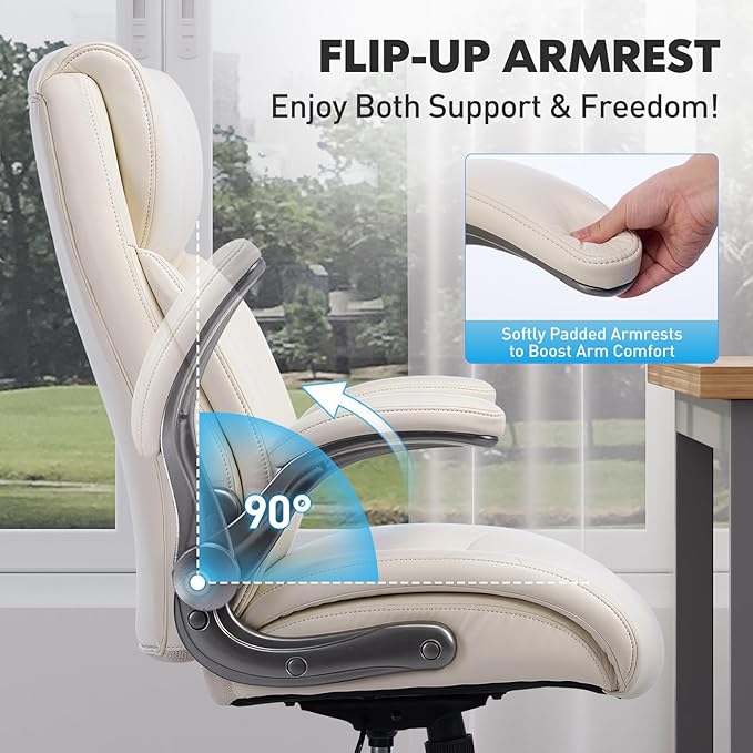 Ergonomic High-Back Executive Office Chairs, Heavy Duty Home Computer Chair with Lumbar Support, Flip-Up Arms, and PU Leather Upholstery, Beige