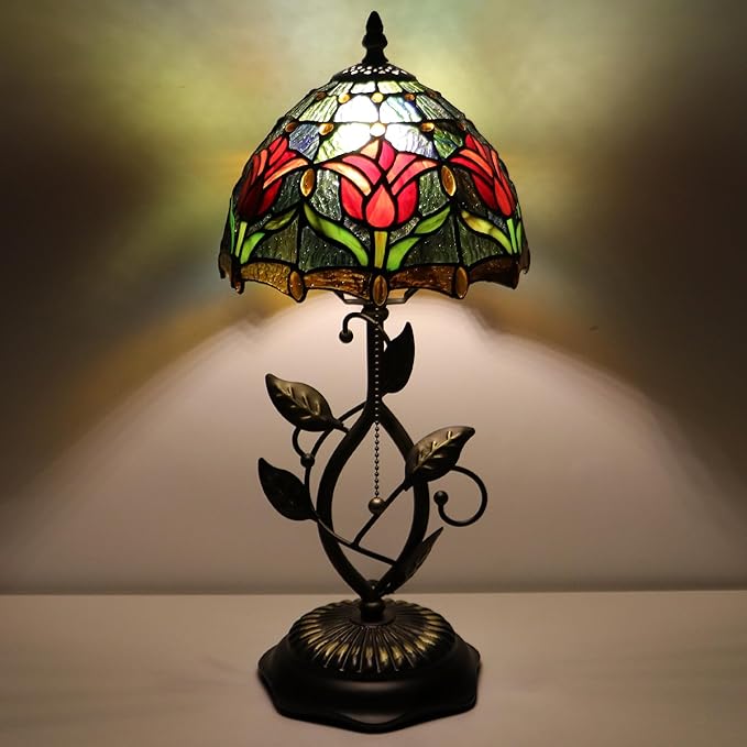 Small Tiffany Lamp Red Tulip Style Stained Glass Table Lamps Desk Bedside Reading Light 8X8X18 Inches with Bronze Metal Leaf Resin Base