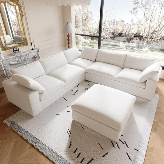 Cloud Modular Sectional Sofa Couch,Oversized Couch 6 Seater for Living Room,160.6" V Shaped Convertible Couches with Storage Ottoman, Covers Washable&Replaceable,White