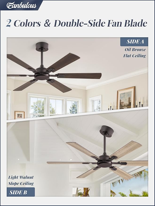 Fanbulous 52 Inch Ceiling Fans No Light with Remote, Modern Ceiling Fan Without Light, Dual Finish 6 Blades, Reversible DC Motor, 6 Speed, Large Ceiling Fan for Indoor or Covered Outdoor, Oil Bronze