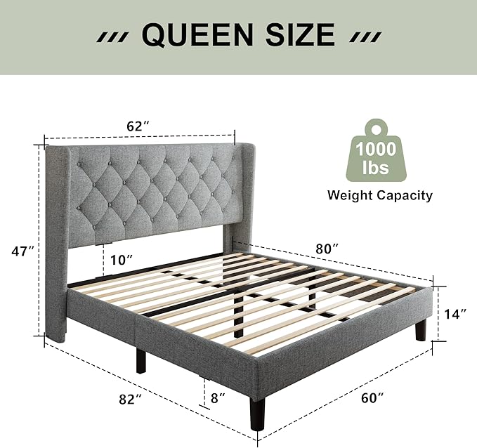 Feonase Queen Bed Frame with Upholstered Wingback Headboard, Platform Bed and Heavy Duty Wooden Slats Support, Easy Assembly, Noise-Free, No Box Spring Needed, Light Gray
