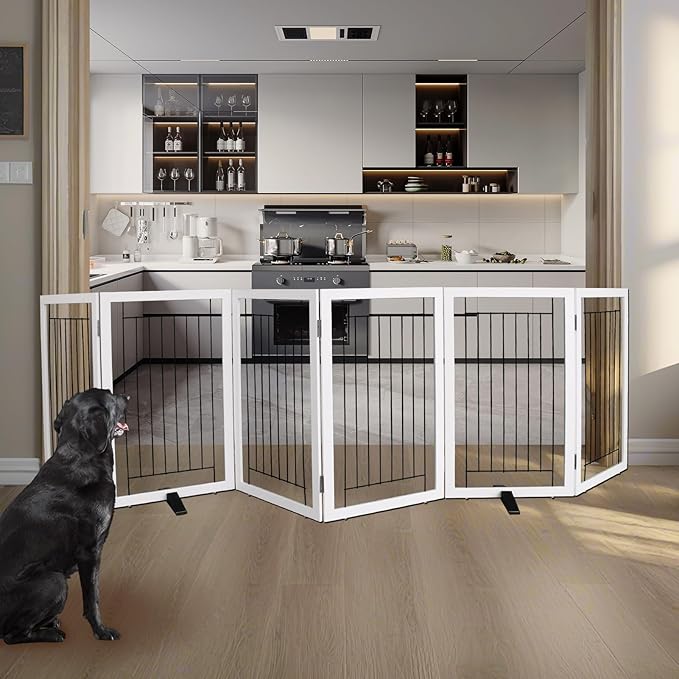 ZJSF Freestanding Dog Gate Indoor, Foldable Dog Fence for Doorways,Hallways or Stairs, Sturdy Wood Extra Wide Pet Gate with Support Feet,White,32 "Height-6 Panels