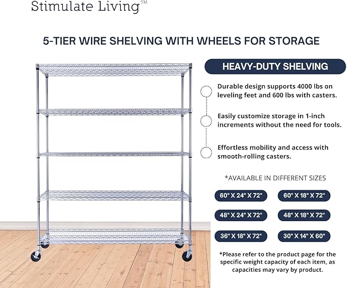 60"x18"x72" PRIME HEAVY DUTY Chrome 5-Tier Wire Shelving 4000 LBS MAX Capacity Storage Rack for Commercial, School, Home, Garage, Warehouse, Industrial, and Hospital Uses (with Wheels)